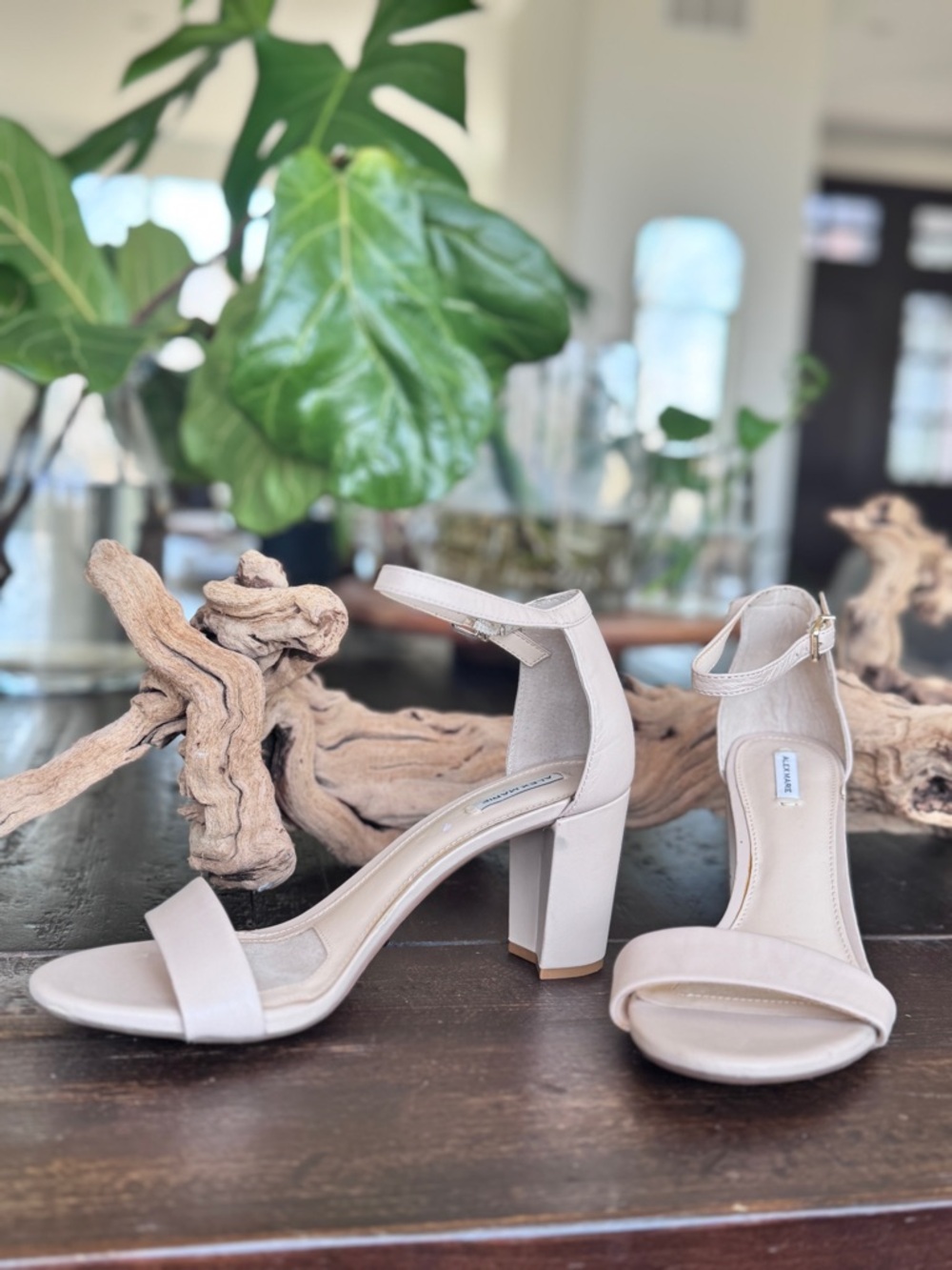 Alex Marie Beige Ankle-Strap Block Heel Sandals